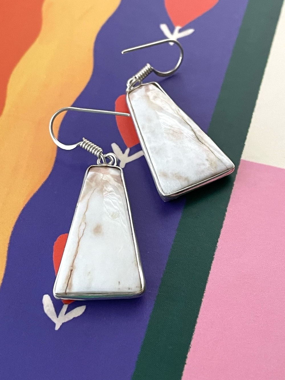 Artisan-style polished stone? & stamped 925 silver metal dangle earrings